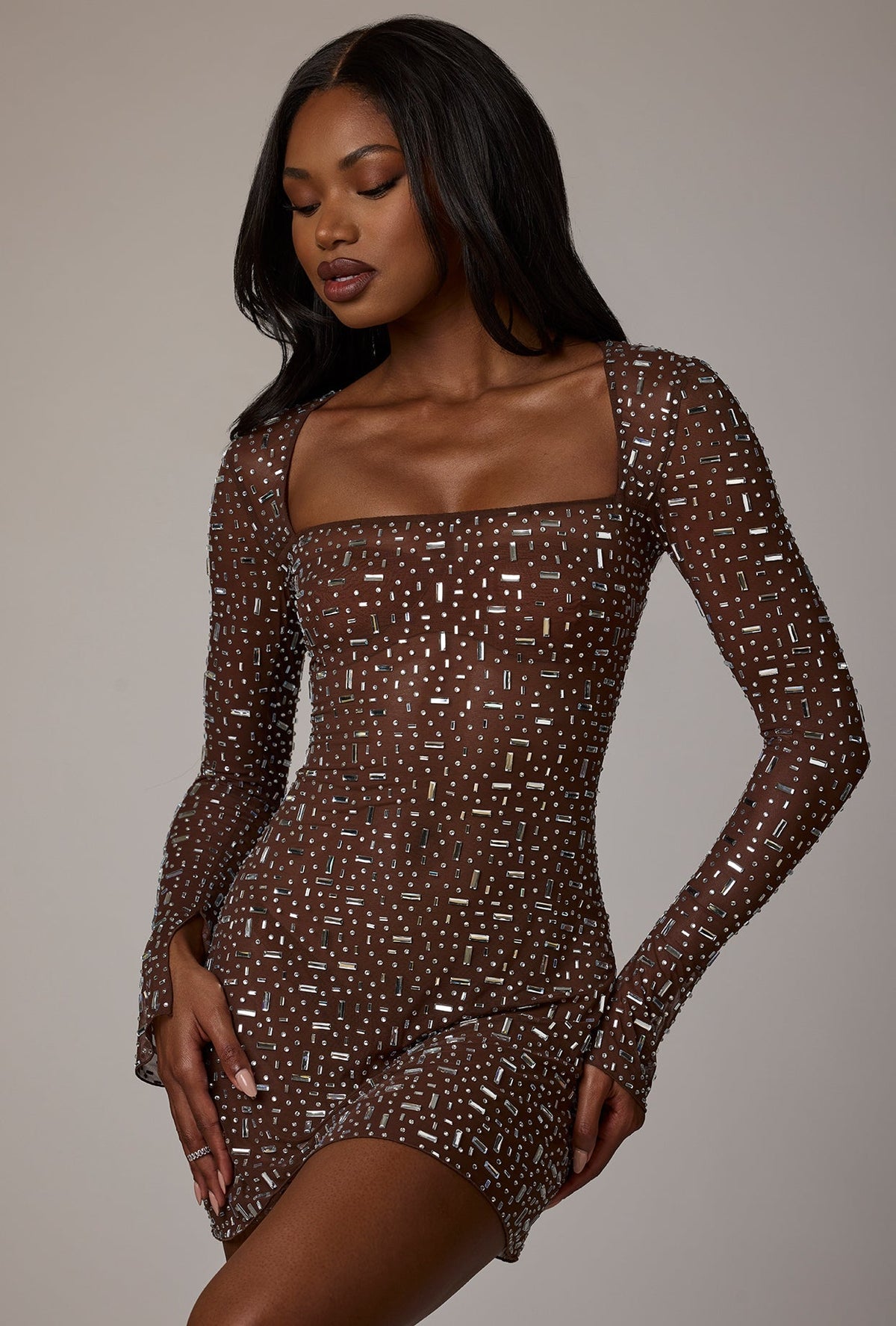 Chic Sheer Embellished Long Sleeve A-Line Mini Dress in Deep Cocoa