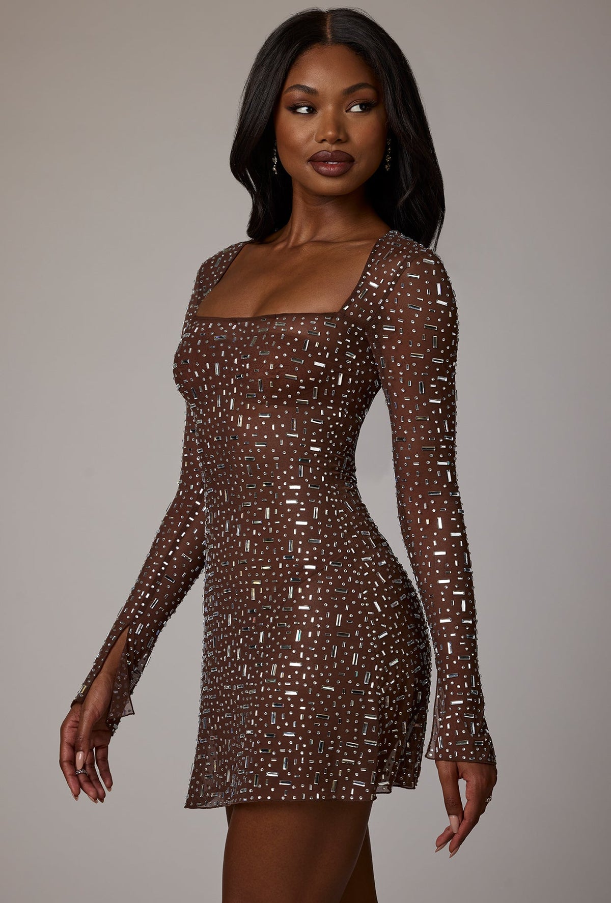 Chic Sheer Embellished Long Sleeve A-Line Mini Dress in Deep Cocoa