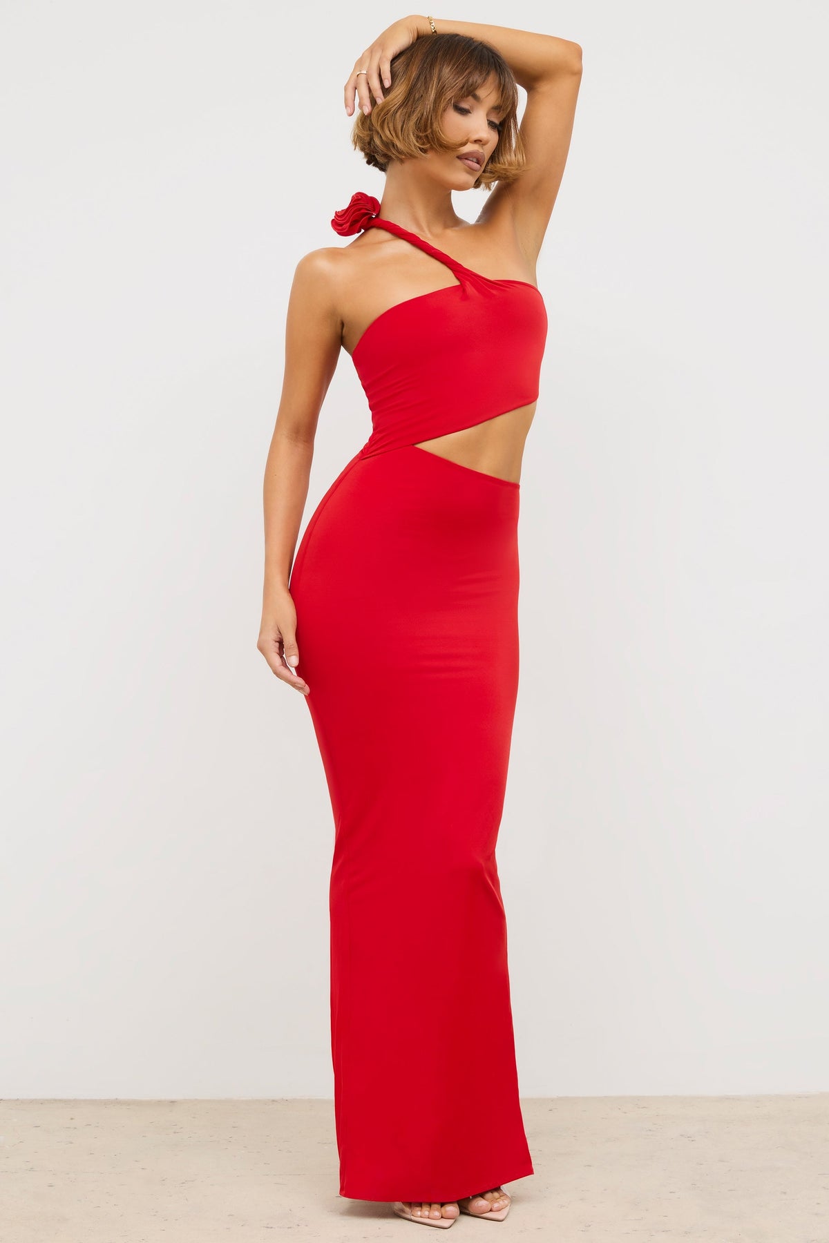 Chic Jersey Asymmetric Cut Out Maxi Dress in Scarlet Red