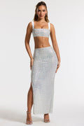 Chic Embellished Mid Rise Maxi Skirt in Silver