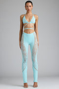 Chic Embellished Mid-Rise Flared Trousers in Ice Blue