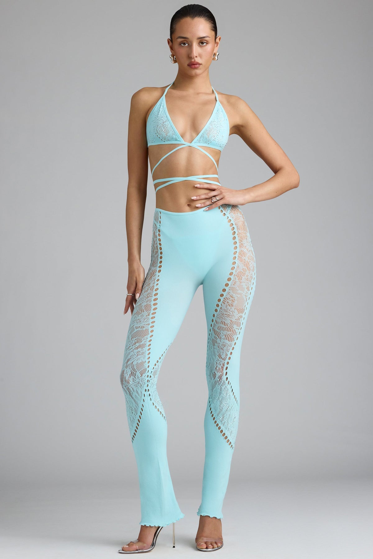 Chic Embellished Mid-Rise Flared Trousers in Ice Blue