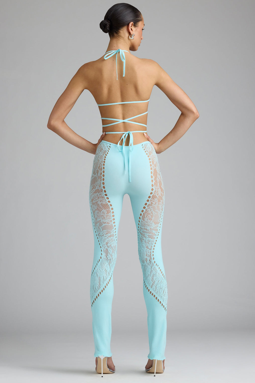 Chic Petite Embellished Mid-Rise Flared Trousers in Ice Blue