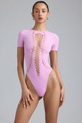 Chic Lace-Up Bodysuit in Violet Pink