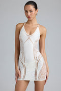 Chic Embellished Halterneck Mini Dress in Ivory