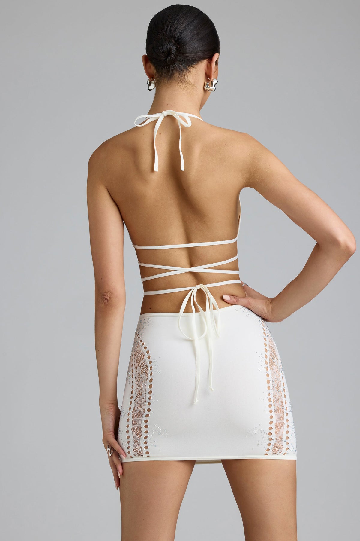 Chic Embellished Cross-Strap Bikini Top in Ivory