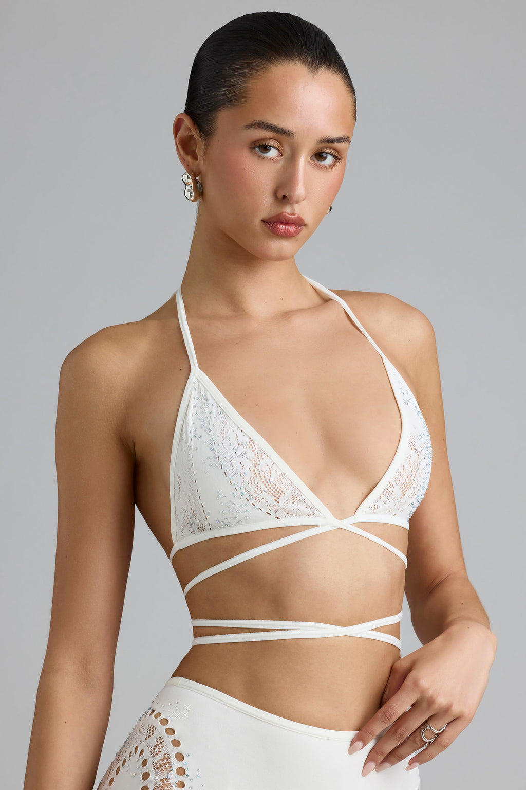 Chic Embellished Cross-Strap Bikini Top in Ivory