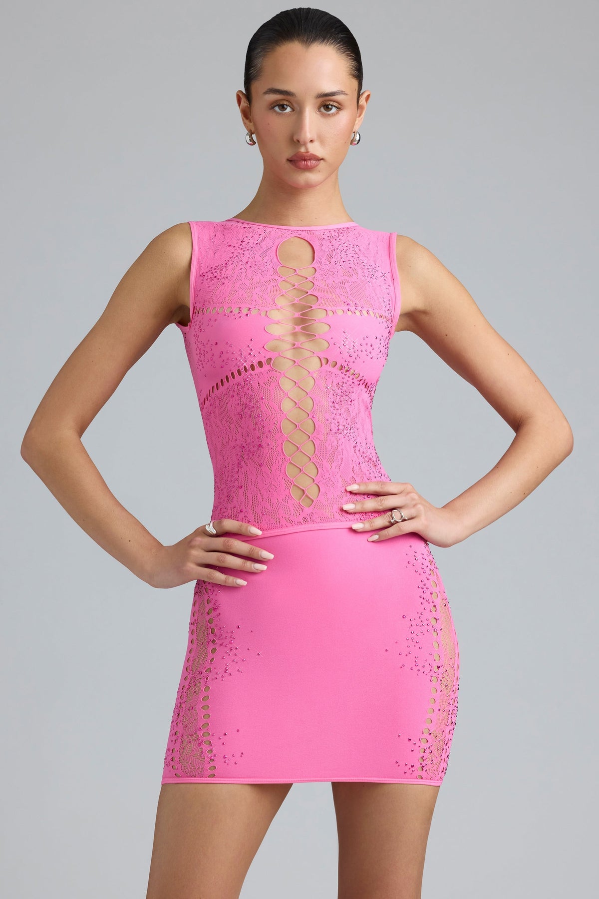 Chic Embellished Lace-Up High-Neck Top in Bubblegum Pink