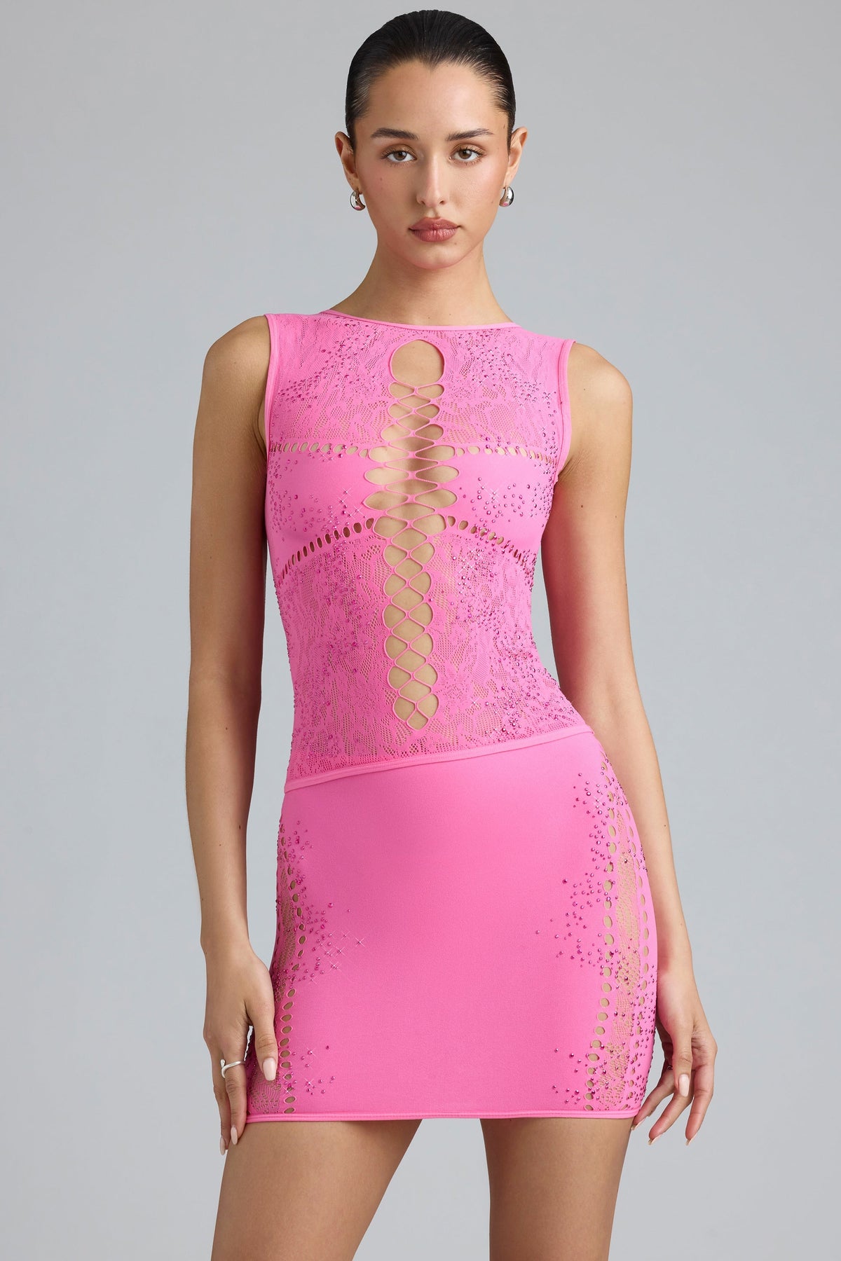Chic Embellished Mid-Rise Mini Skirt in Bubblegum Pink