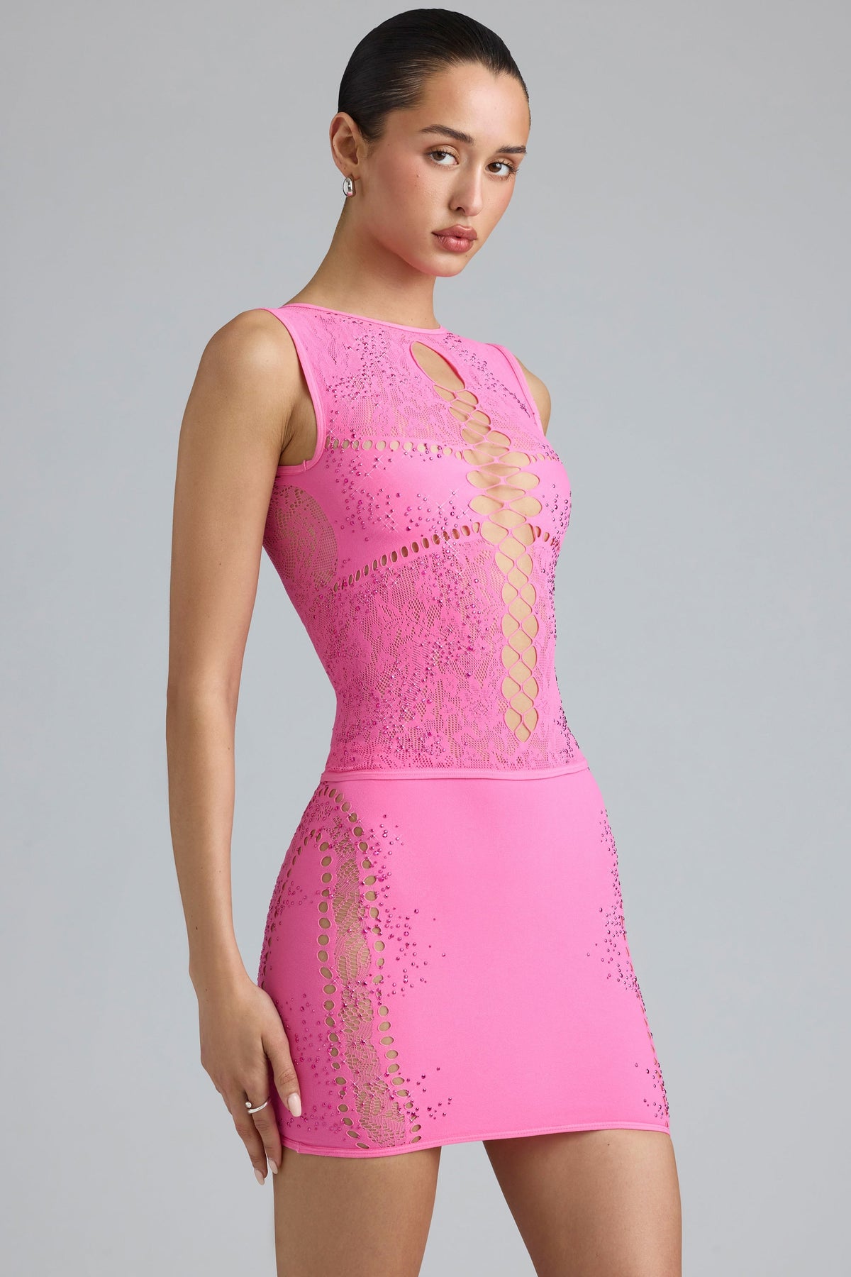 Chic Embellished Lace-Up High-Neck Top in Bubblegum Pink