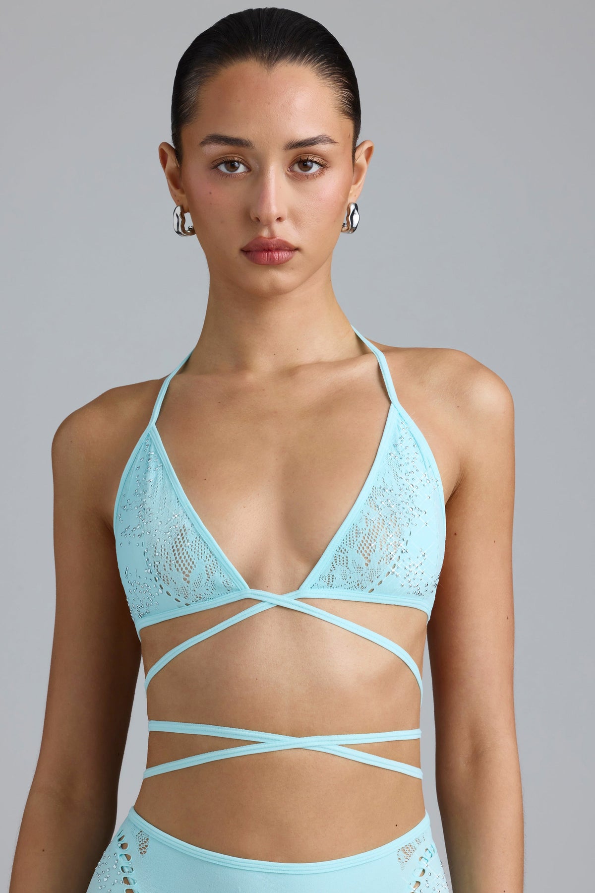 Chic Embellished Cross-Strap Bikini Top in Ice Blue