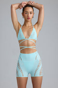 Chic Embellished Cross-Strap Bikini Top in Ice Blue