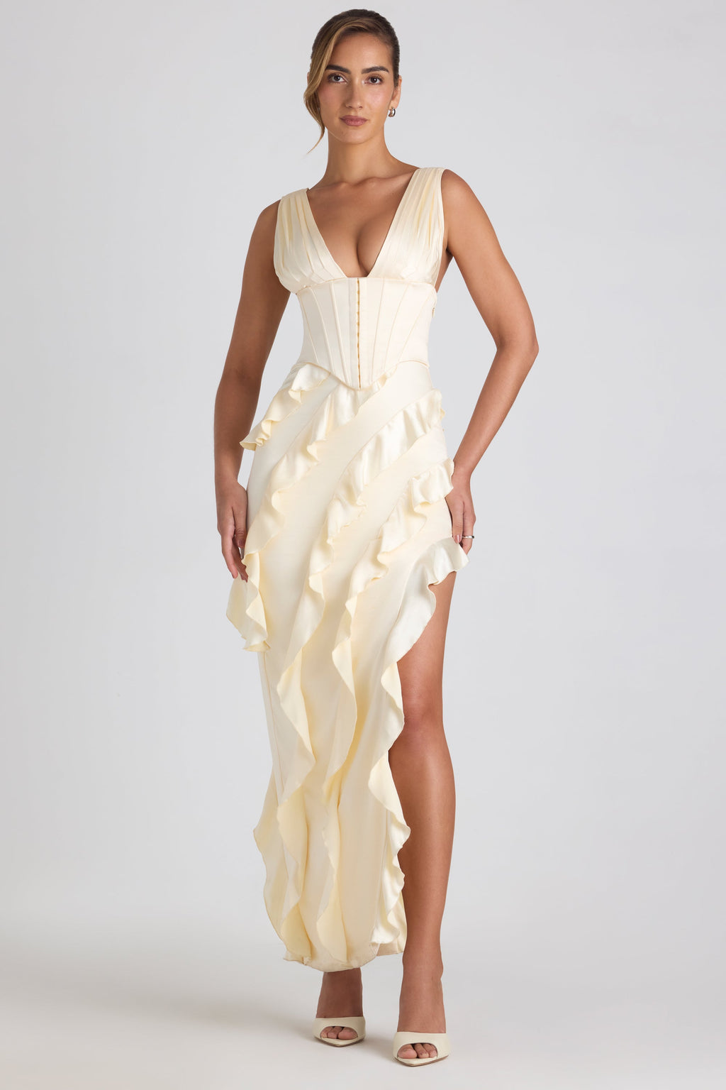 Chic Ruffle-Trim Corset Maxi Dress in Ivory