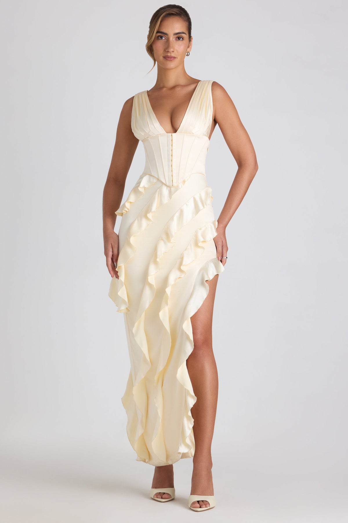 Chic Ruffle-Trim Corset Maxi Dress in Ivory