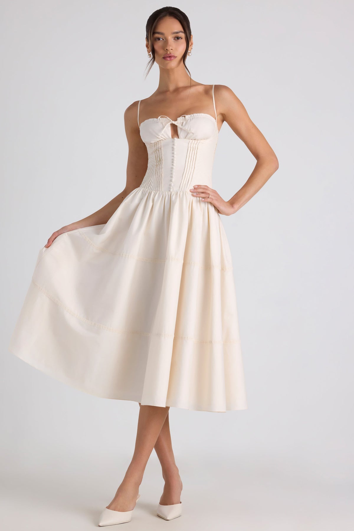 Chic Lace-Trim Pintucked Poplin Midaxi Dress in Ivory