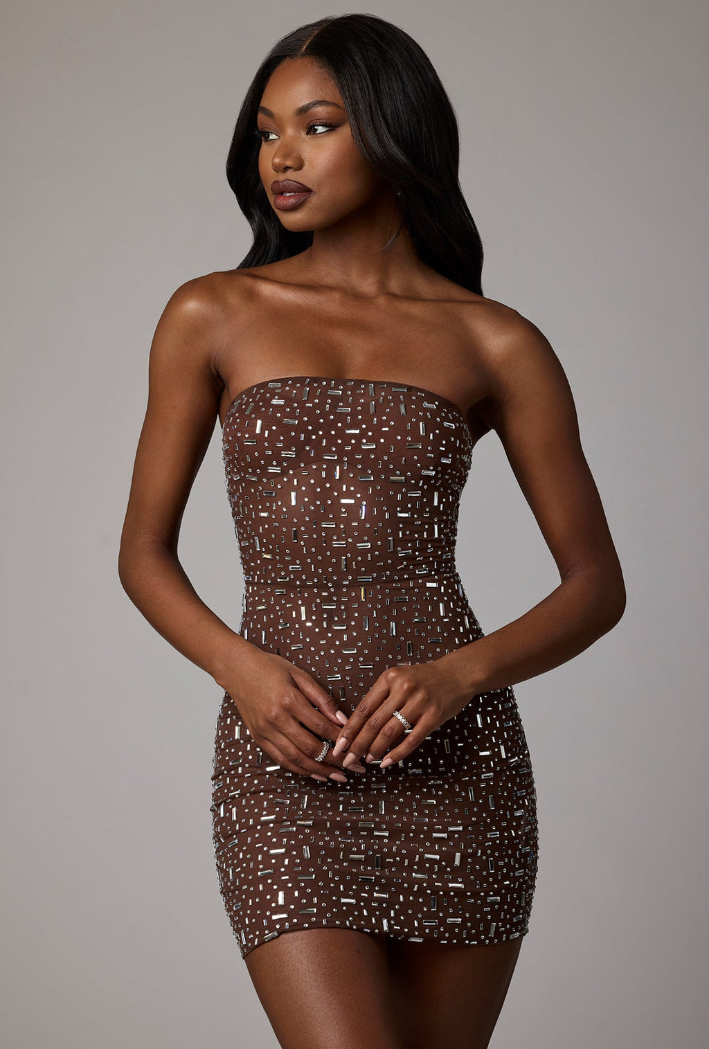 Chic Sheer Embellished Bodycon Mini Dress in Deep Cocoa