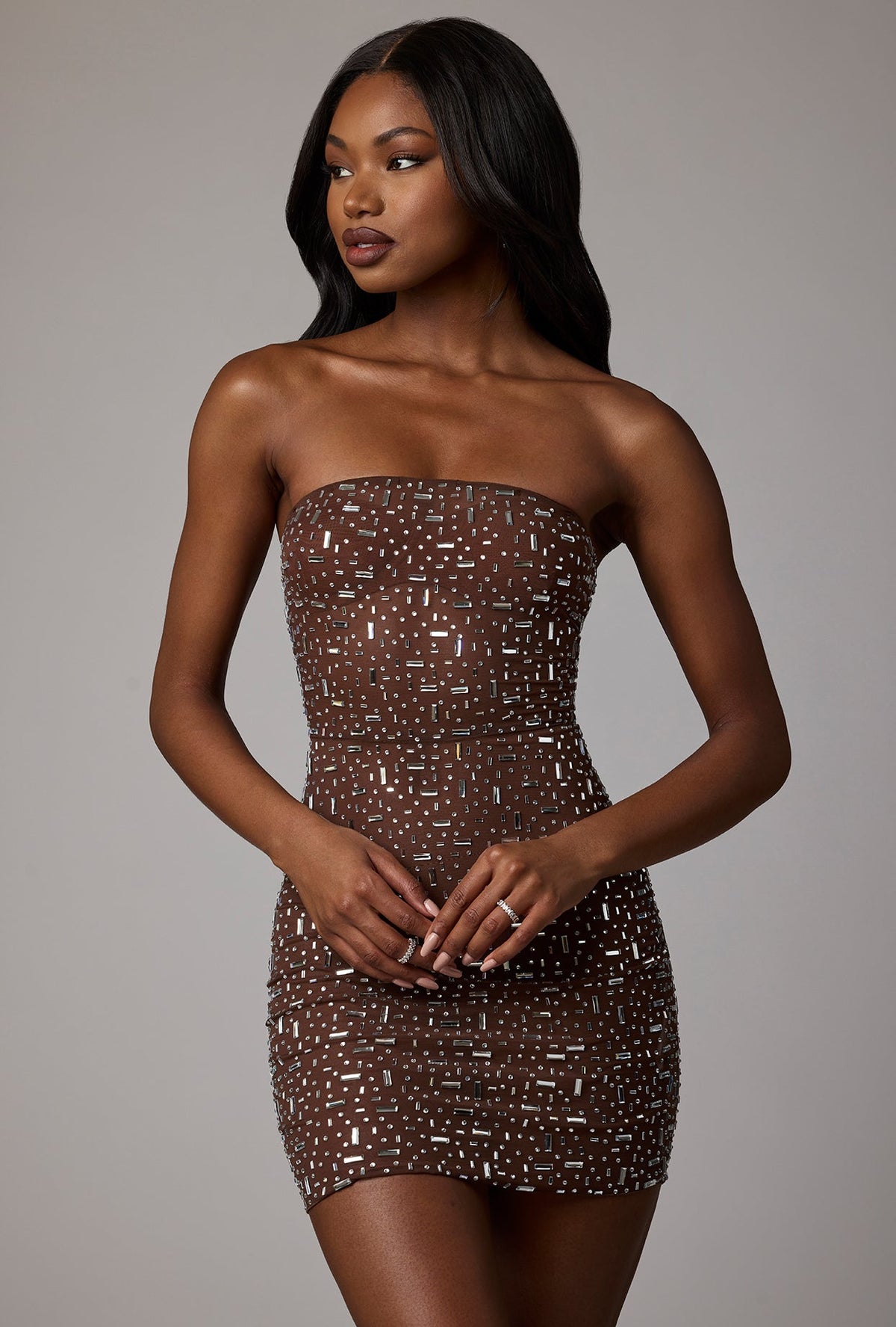 Chic Sheer Embellished Bodycon Mini Dress in Deep Cocoa