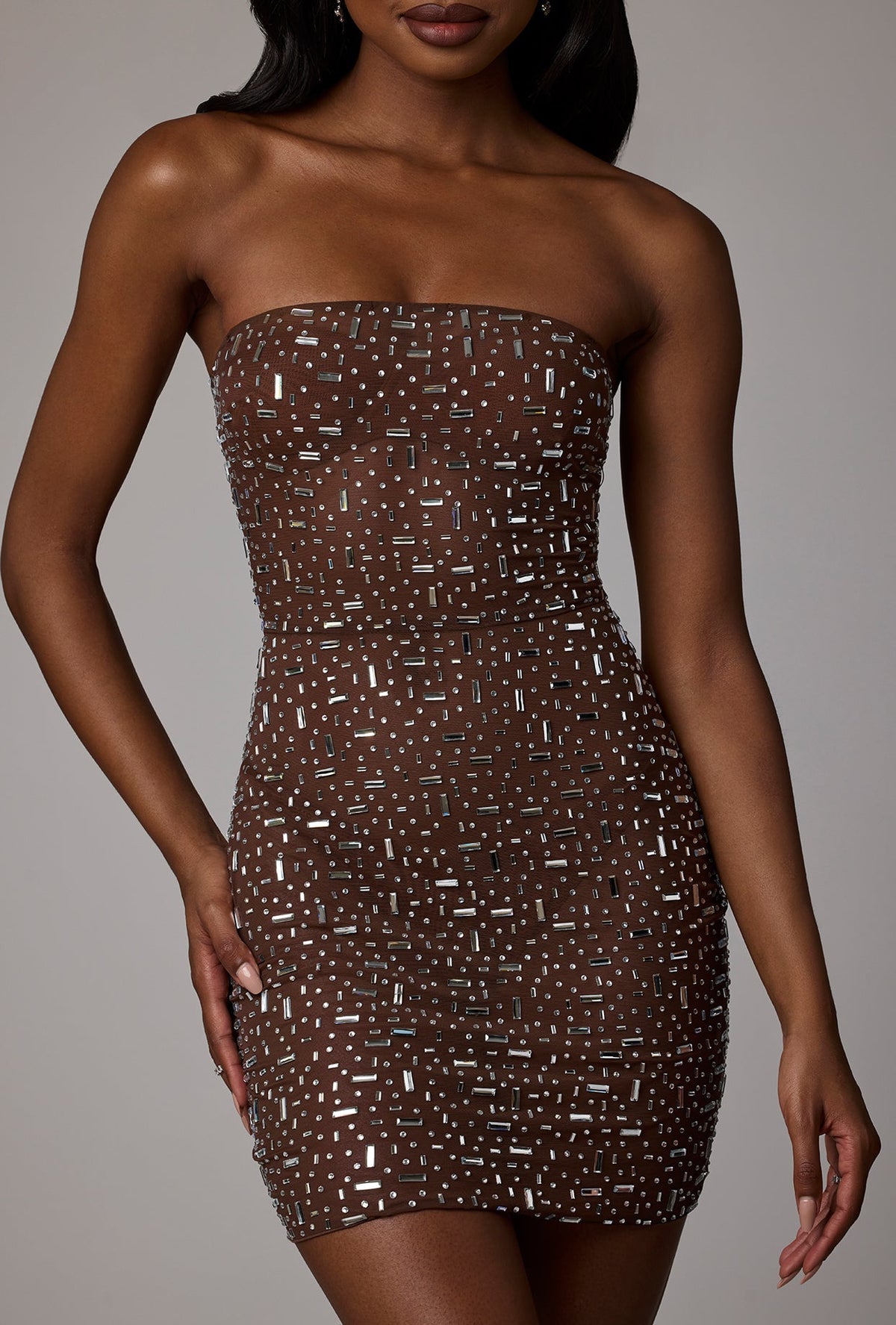 Chic Sheer Embellished Bodycon Mini Dress in Deep Cocoa