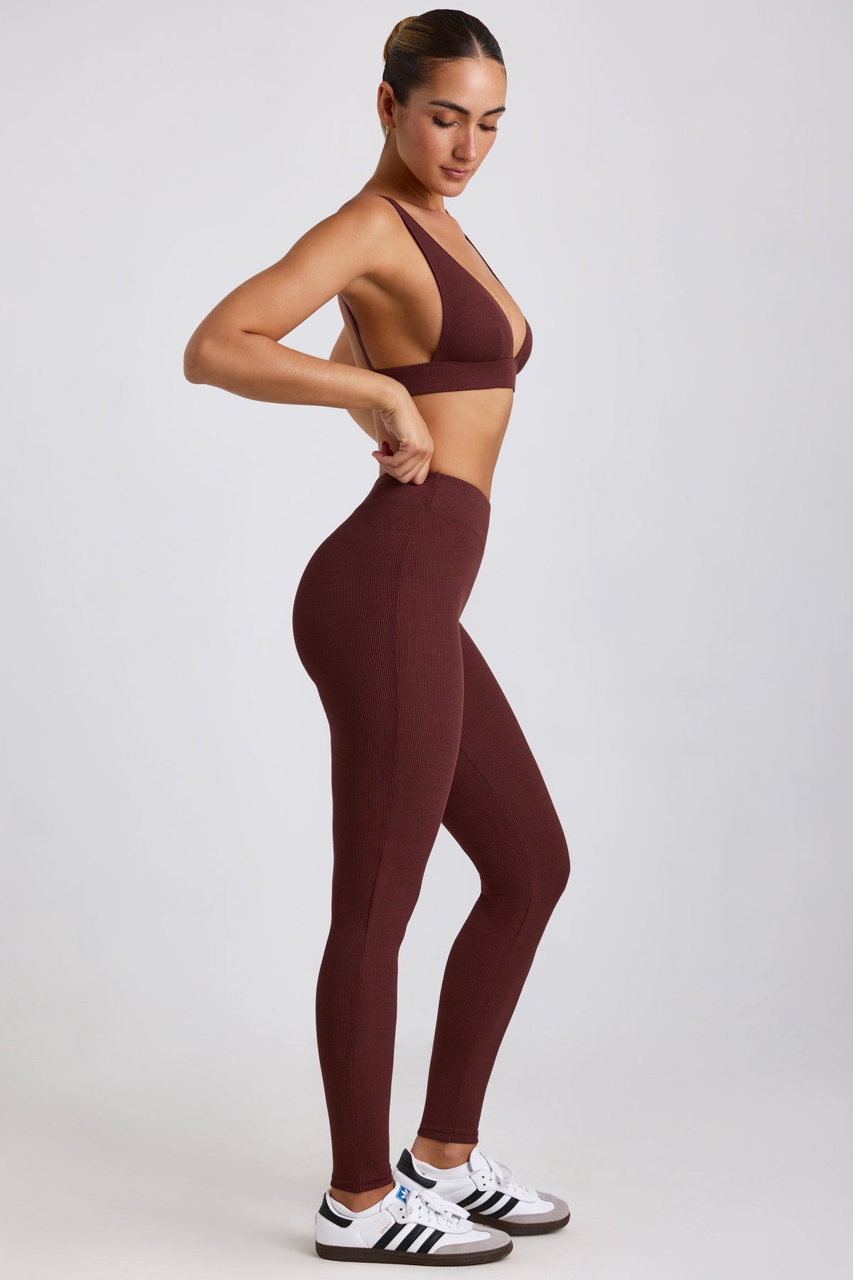 Chic Petite Ribbed Modal High Waist Leggings in Espresso