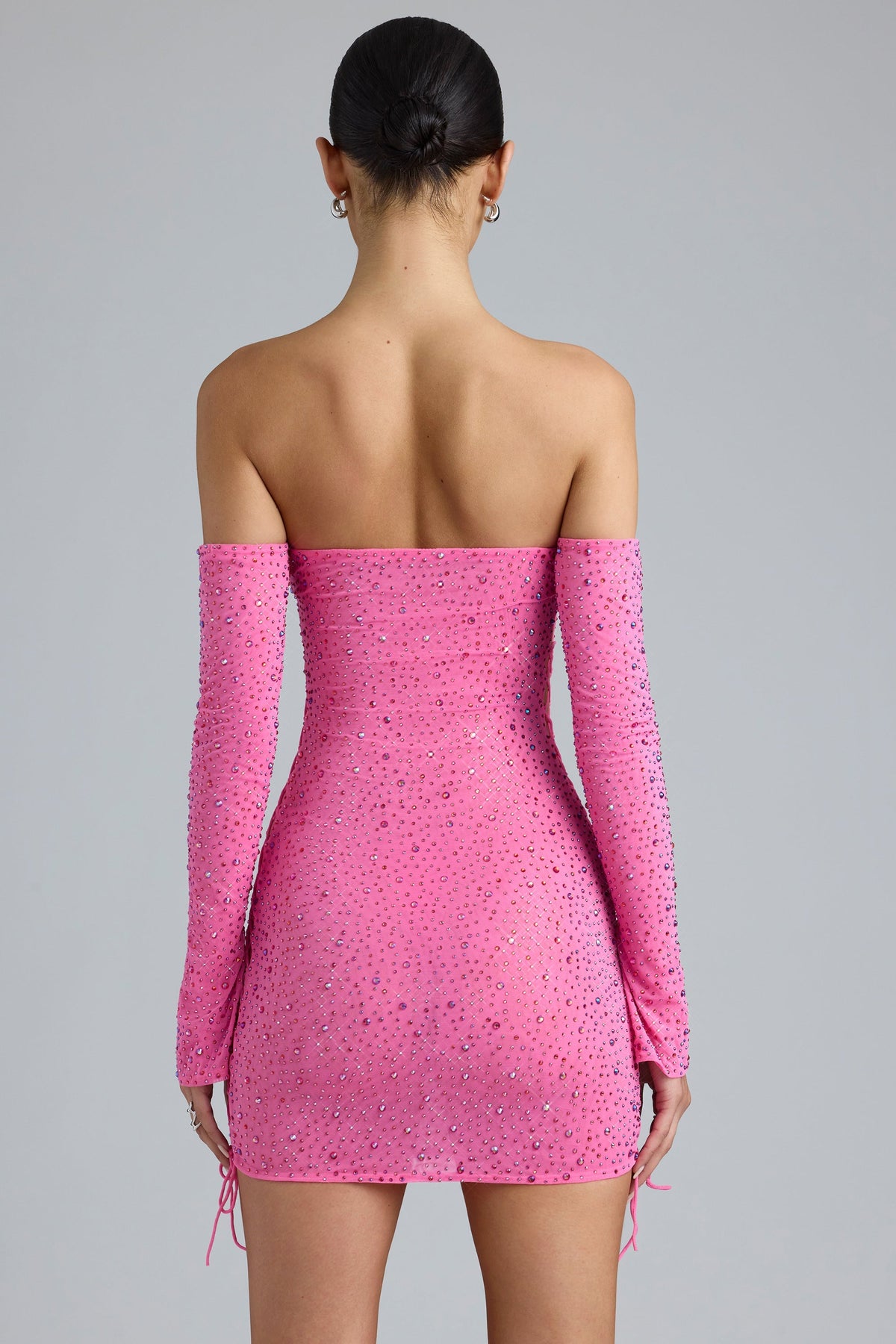 Chic Embellished Lace-Up Off-Shoulder Mini Dress in Bubblegum Pink