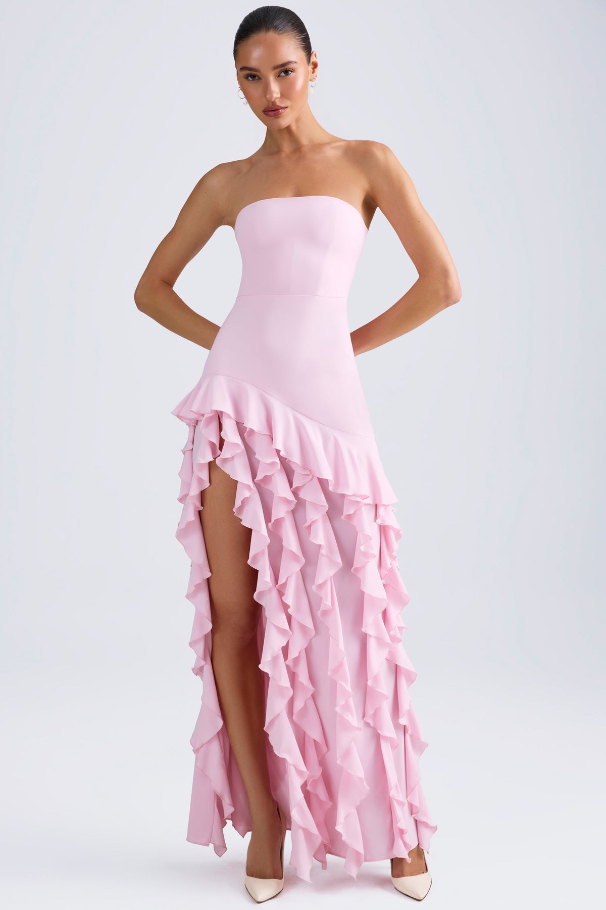 Chic Ruffle-Trim Strapless Gown in Candyfloss Pink