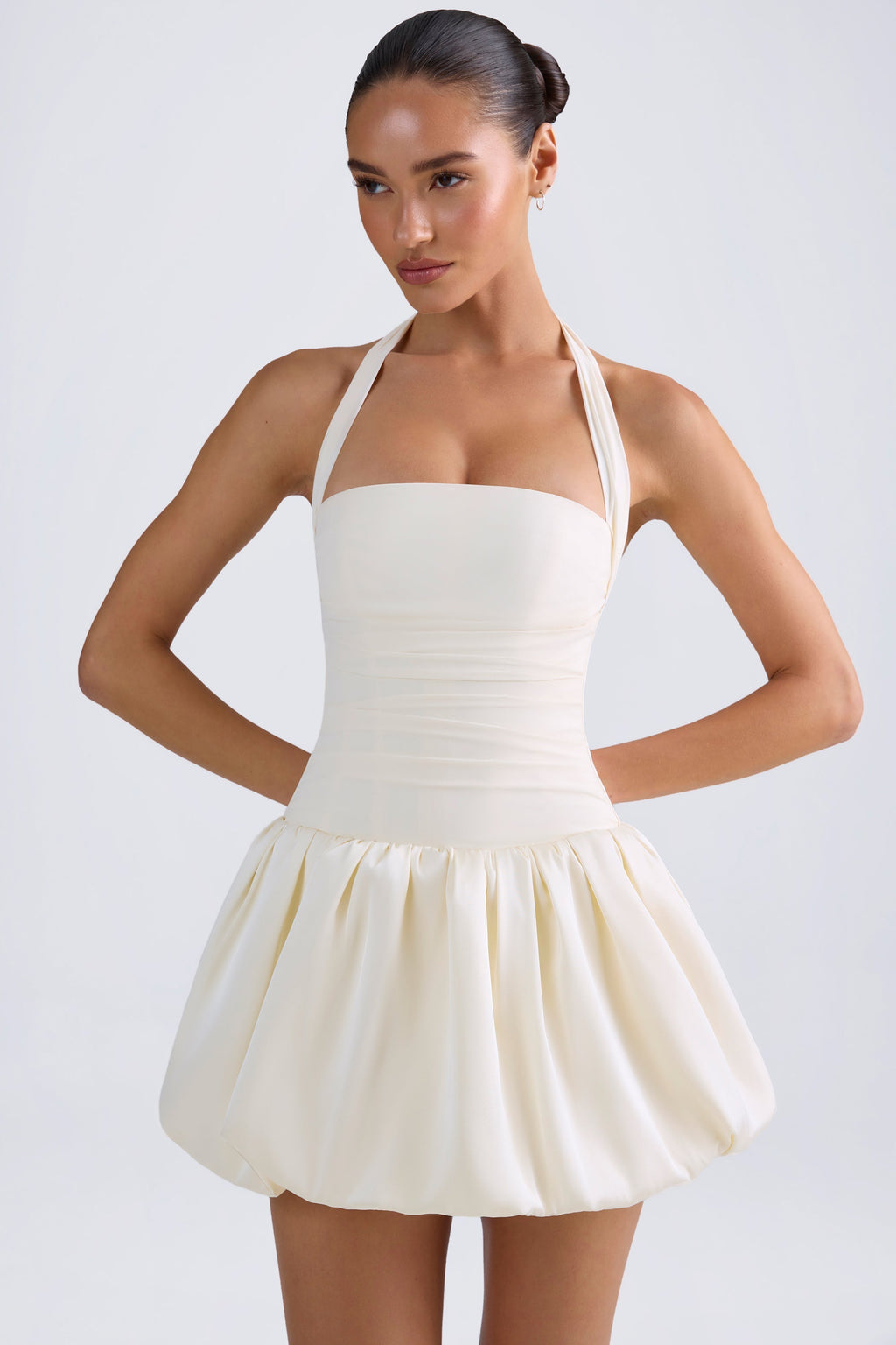 Chic Halterneck Lace-Up Bubble Hem Corset Micro Mini Dress in Ivory