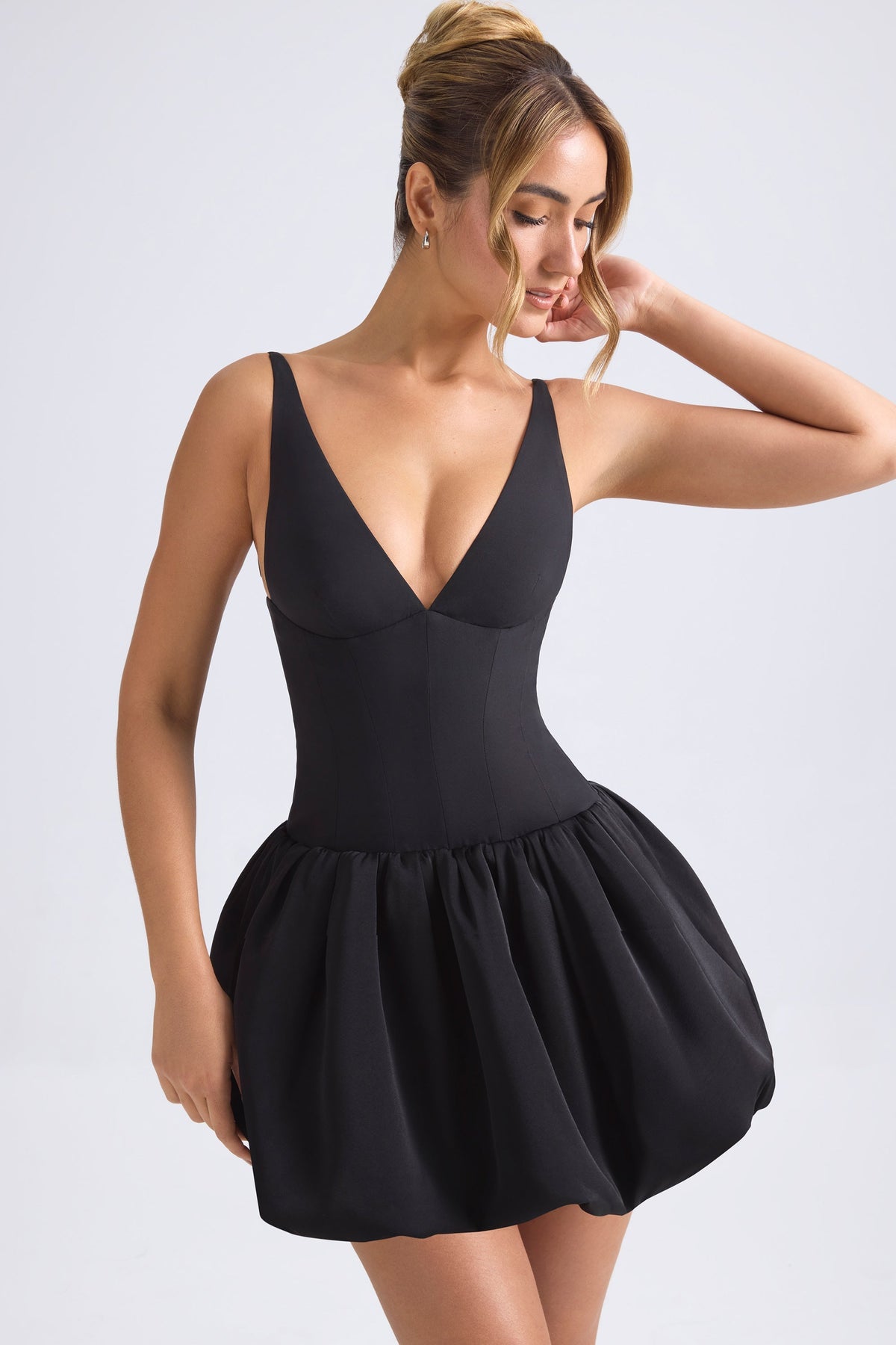 Chic Lace-Up Bubble Hem Corset Micro Mini Dress in Black
