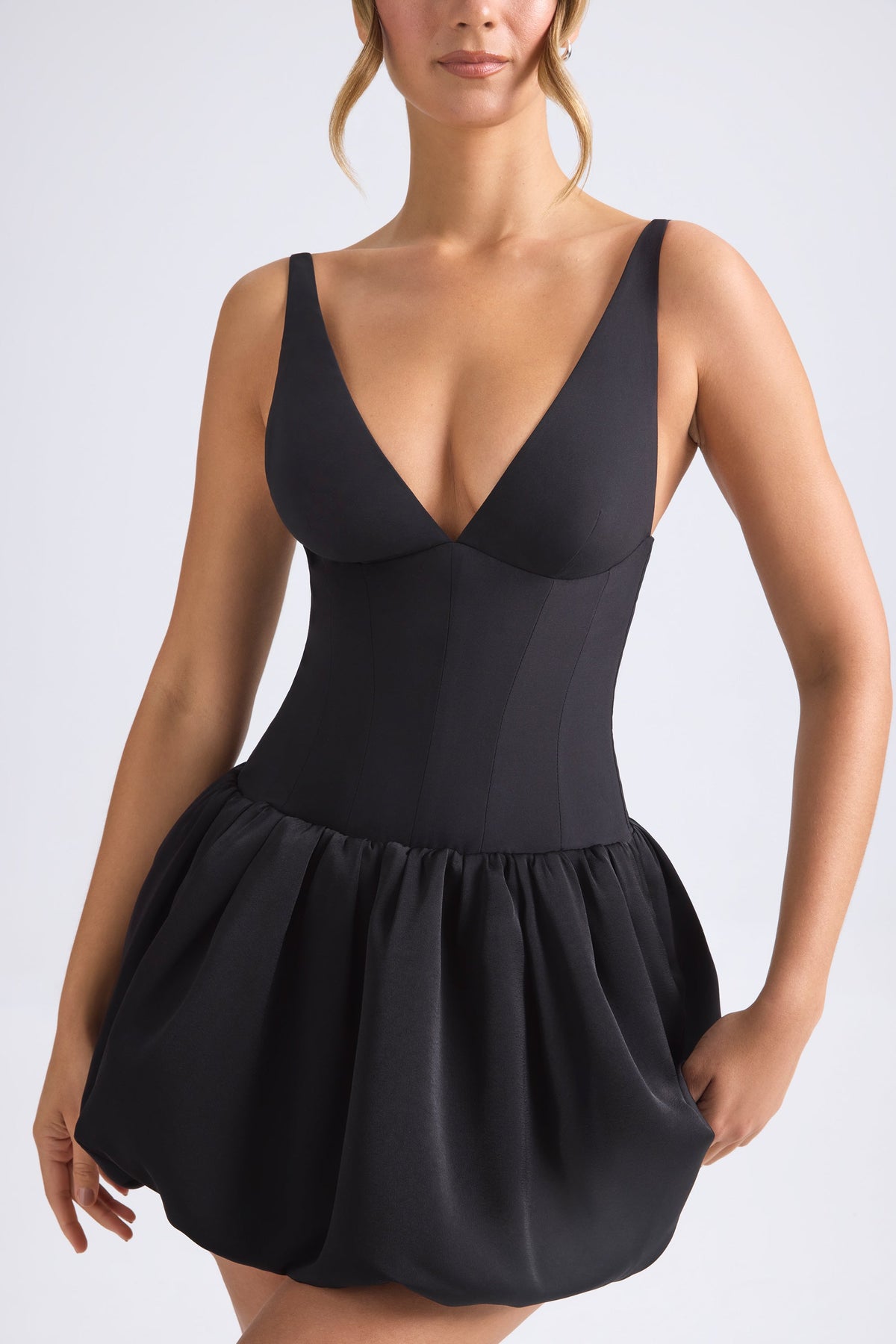 Chic Lace-Up Bubble Hem Corset Micro Mini Dress in Black