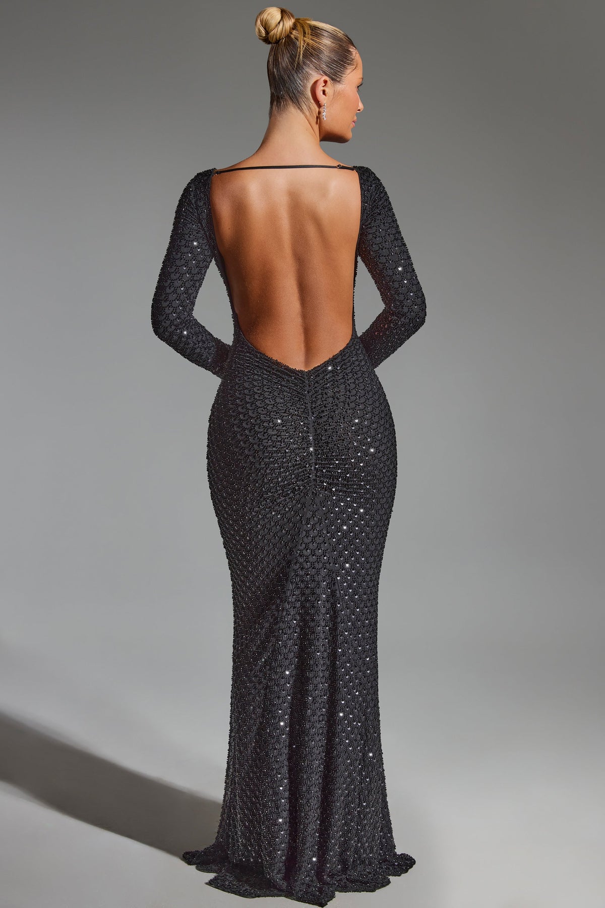Chic Embellished Open-Back Gown in Black