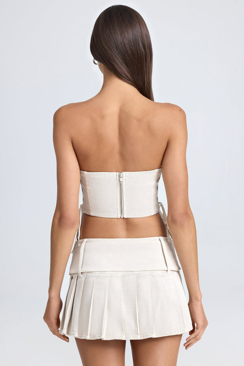 Chic Belted Pleated Low-Rise Micro Mini Skirt in Ecru