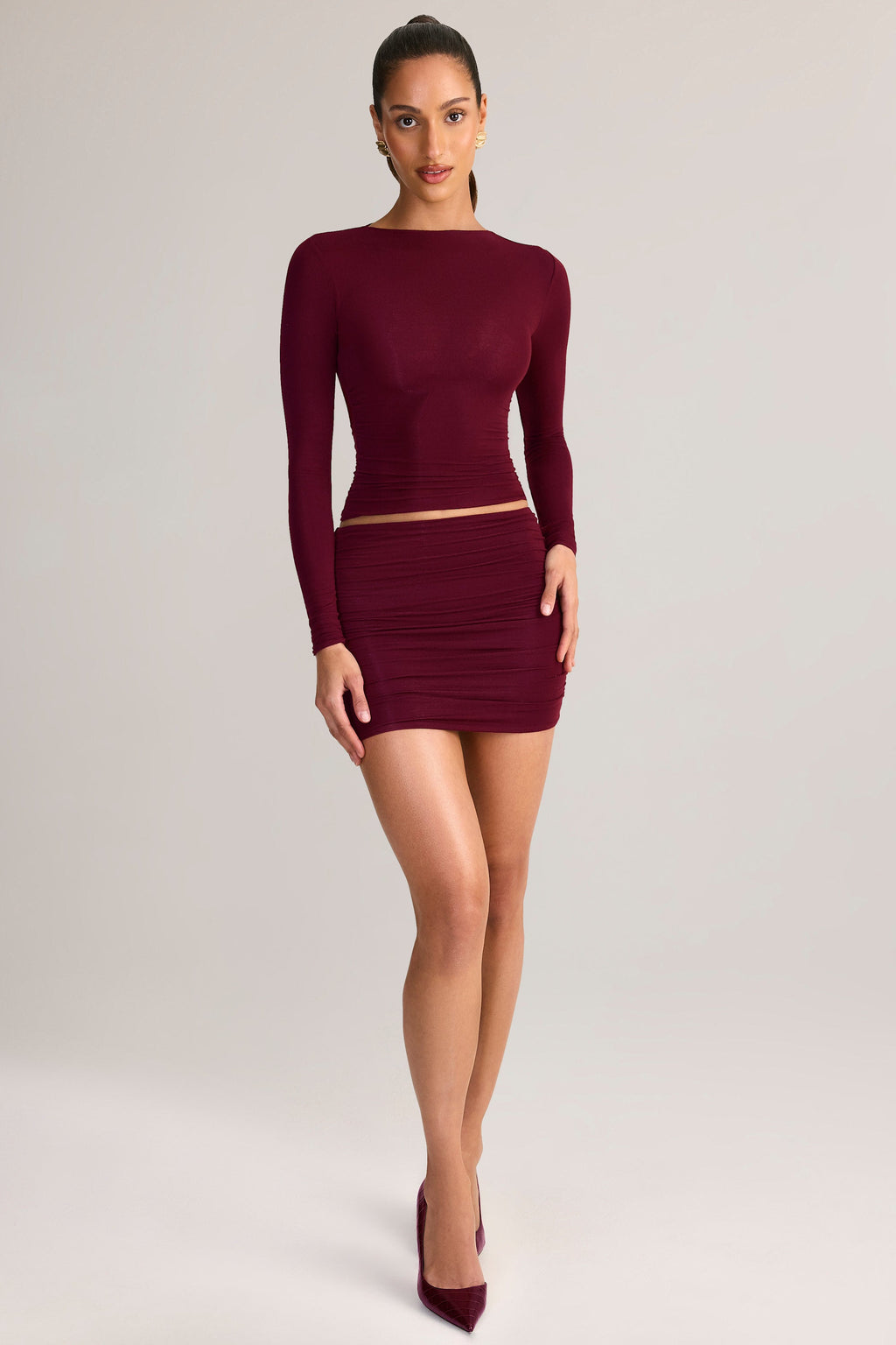 Chic Modal Ruched Mid-Rise Mini Skirt in Wine Red