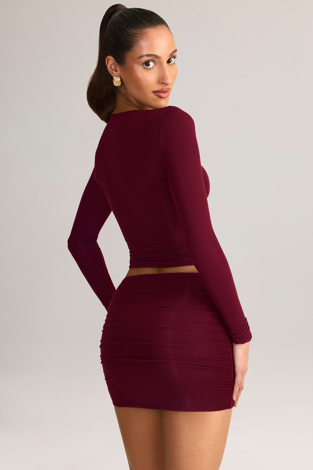 Chic Modal Ruched Mid-Rise Mini Skirt in Wine Red