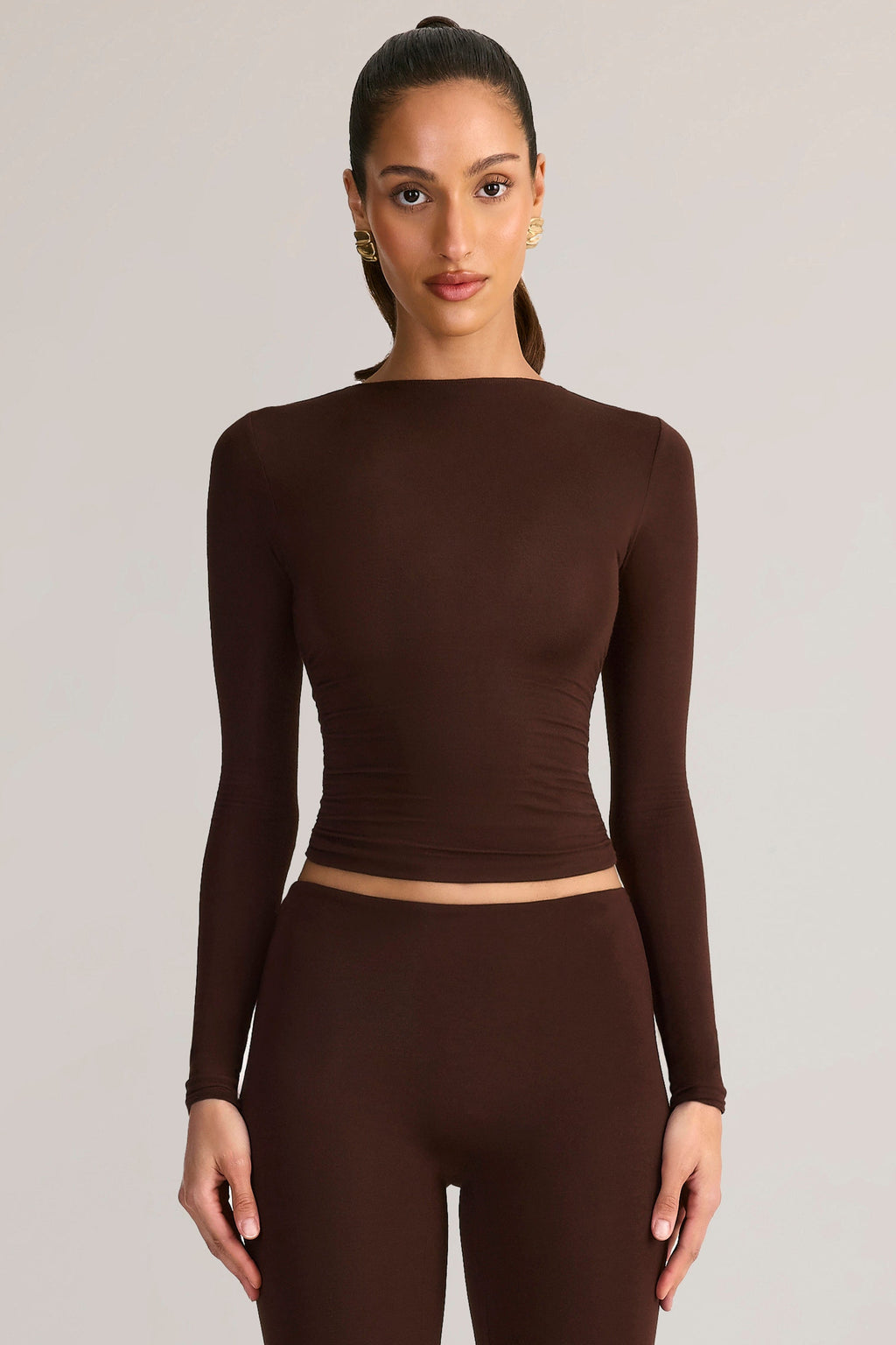Chic Modal Ruched Long-Sleeve Top in Chocolate Brown