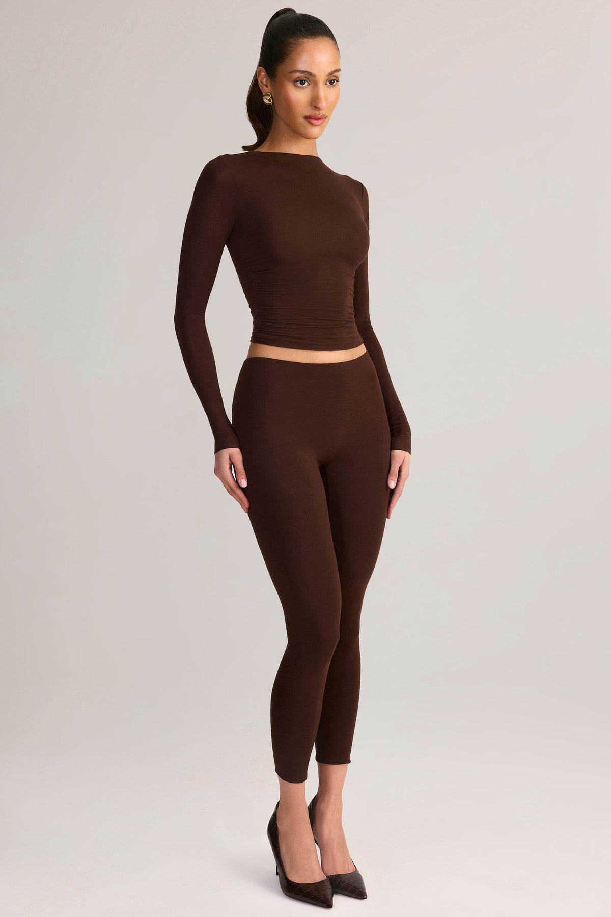 Chic Modal Ruched Long-Sleeve Top in Chocolate Brown
