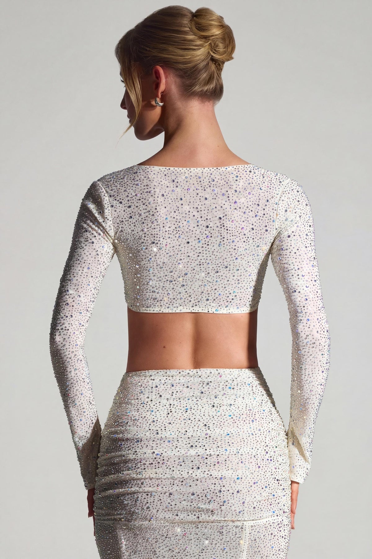 Chic Embellished Long-Sleeve Crop Top in White