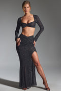 Chic Embellished Ruched Maxi Skirt in Black
