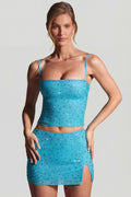Chic Embellished Mid-Rise Micro Mini Skirt in Aqua Blue