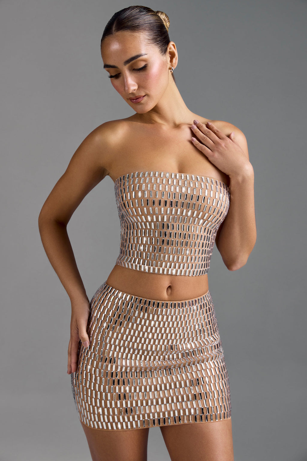 Chic Embellished Low-Rise Micro Mini Skirt in Almond