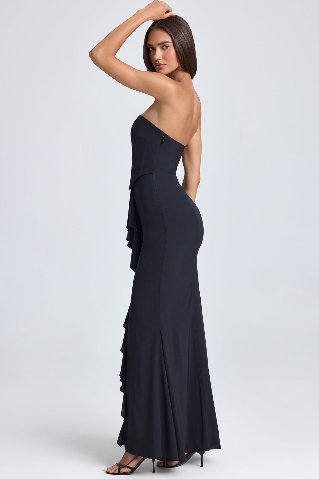 Chic Bandeau Ruffle-Trim Corset Gown in Black