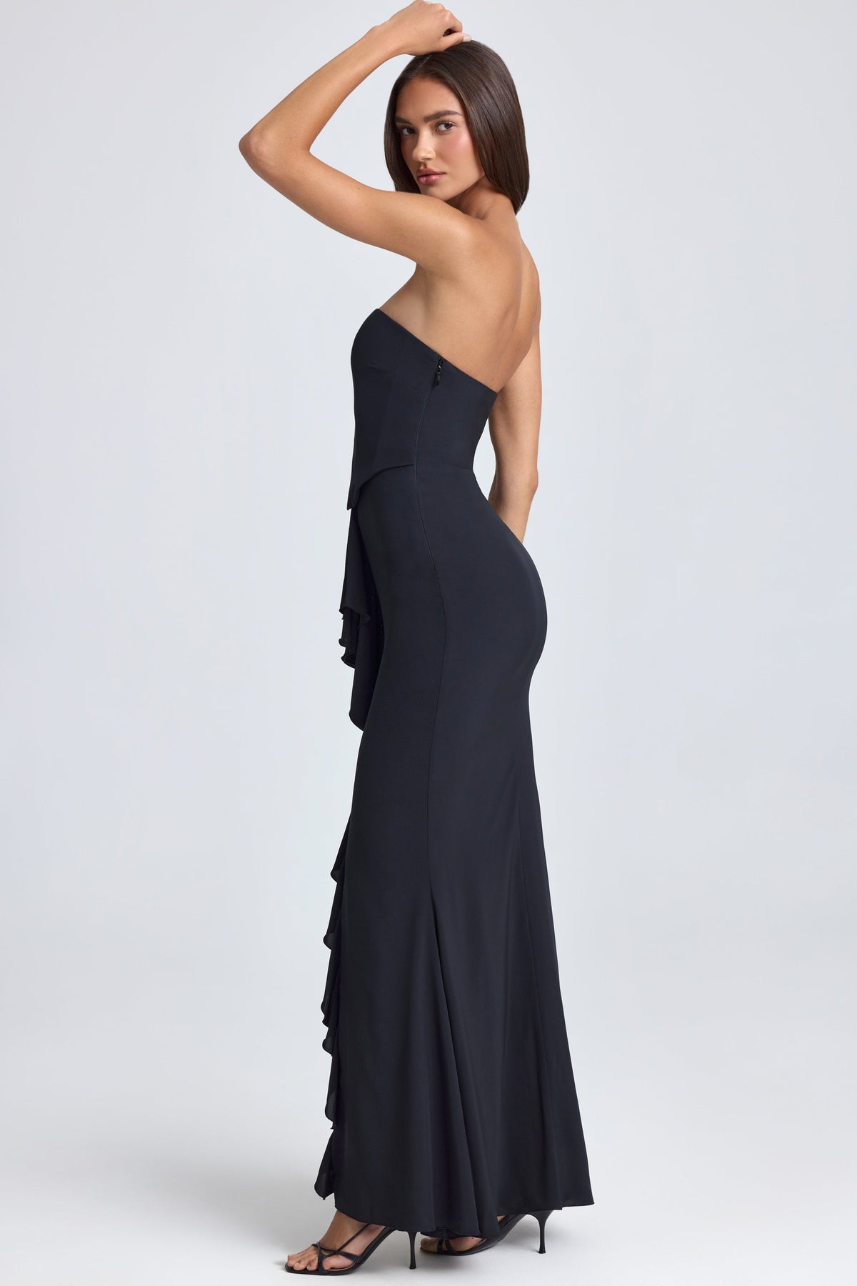 Chic Bandeau Ruffle-Trim Corset Gown in Black