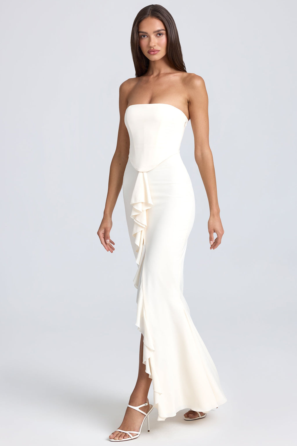 Chic Bandeau Ruffle-Trim Corset Gown in Ivory