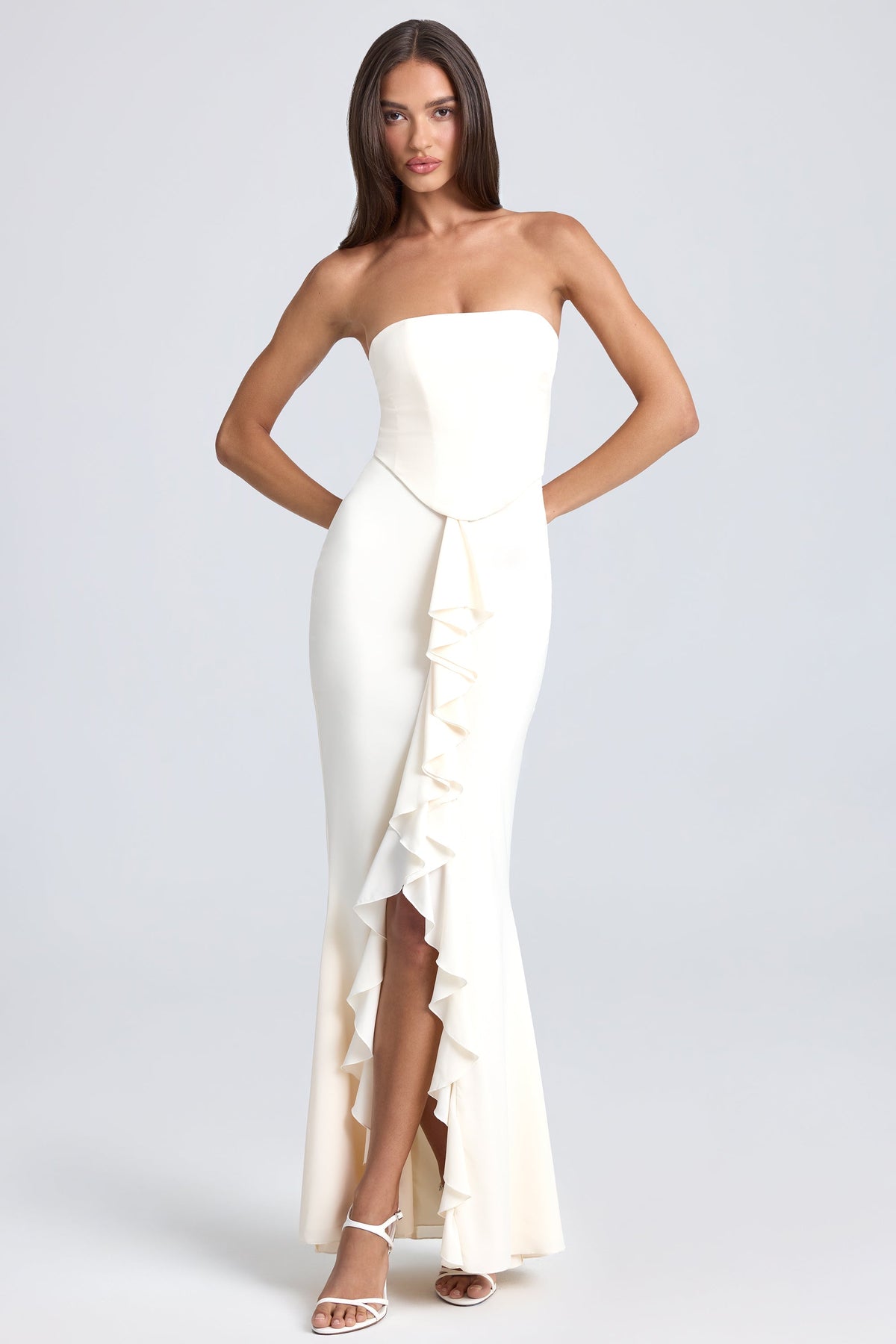 Chic Bandeau Ruffle-Trim Corset Gown in Ivory