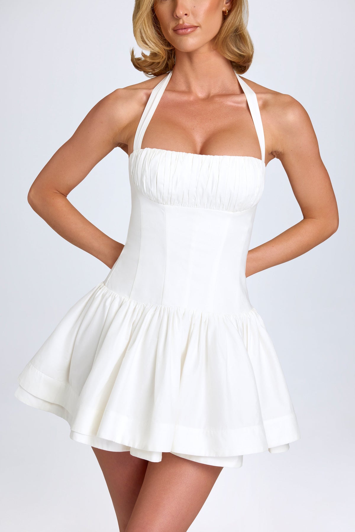 Chic Ruched Halterneck Mini Dress in White