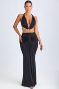 Chic Hardware Detail Cut-Out Halterneck Maxi Dress in Black