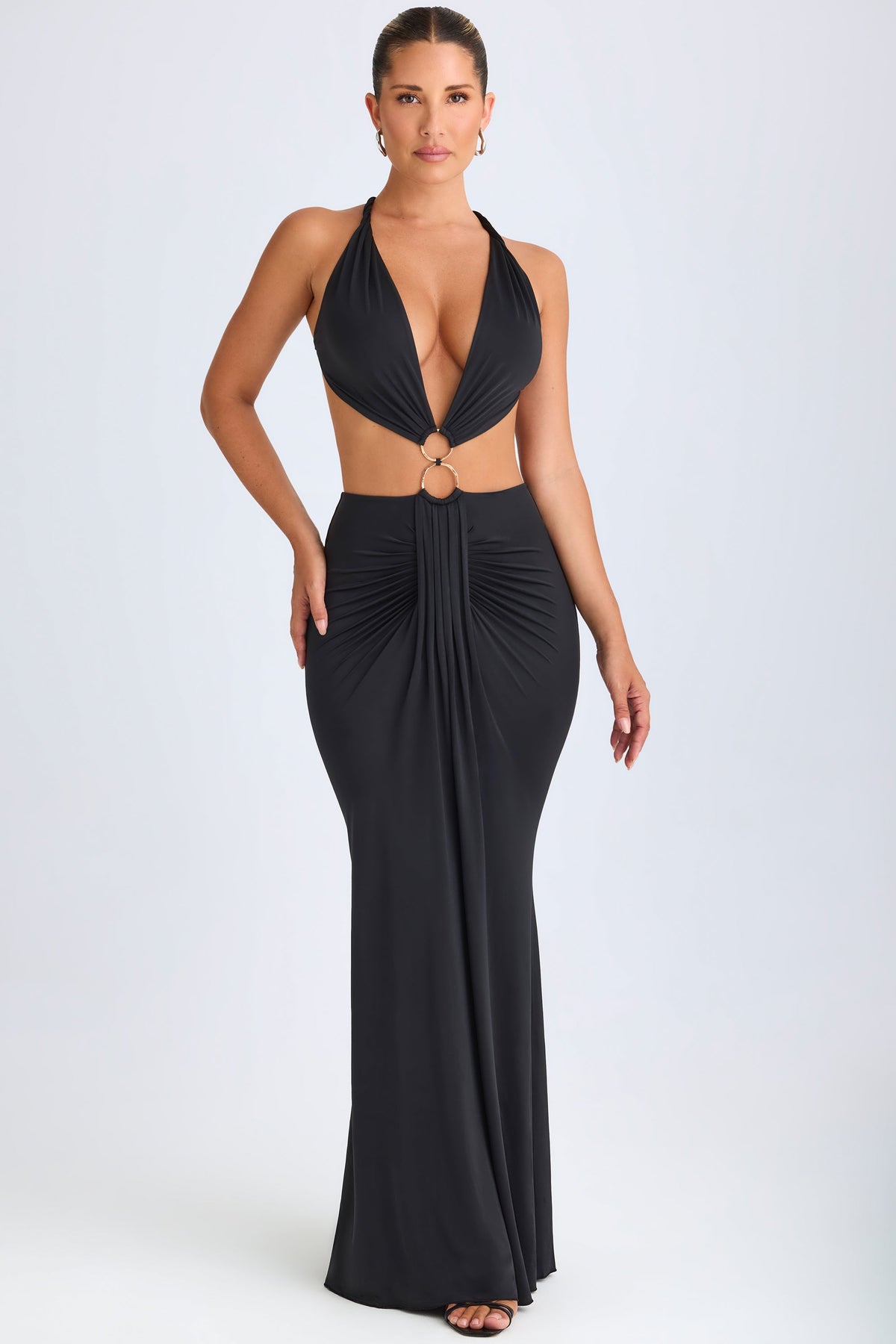 Chic Hardware Detail Cut-Out Halterneck Maxi Dress in Black