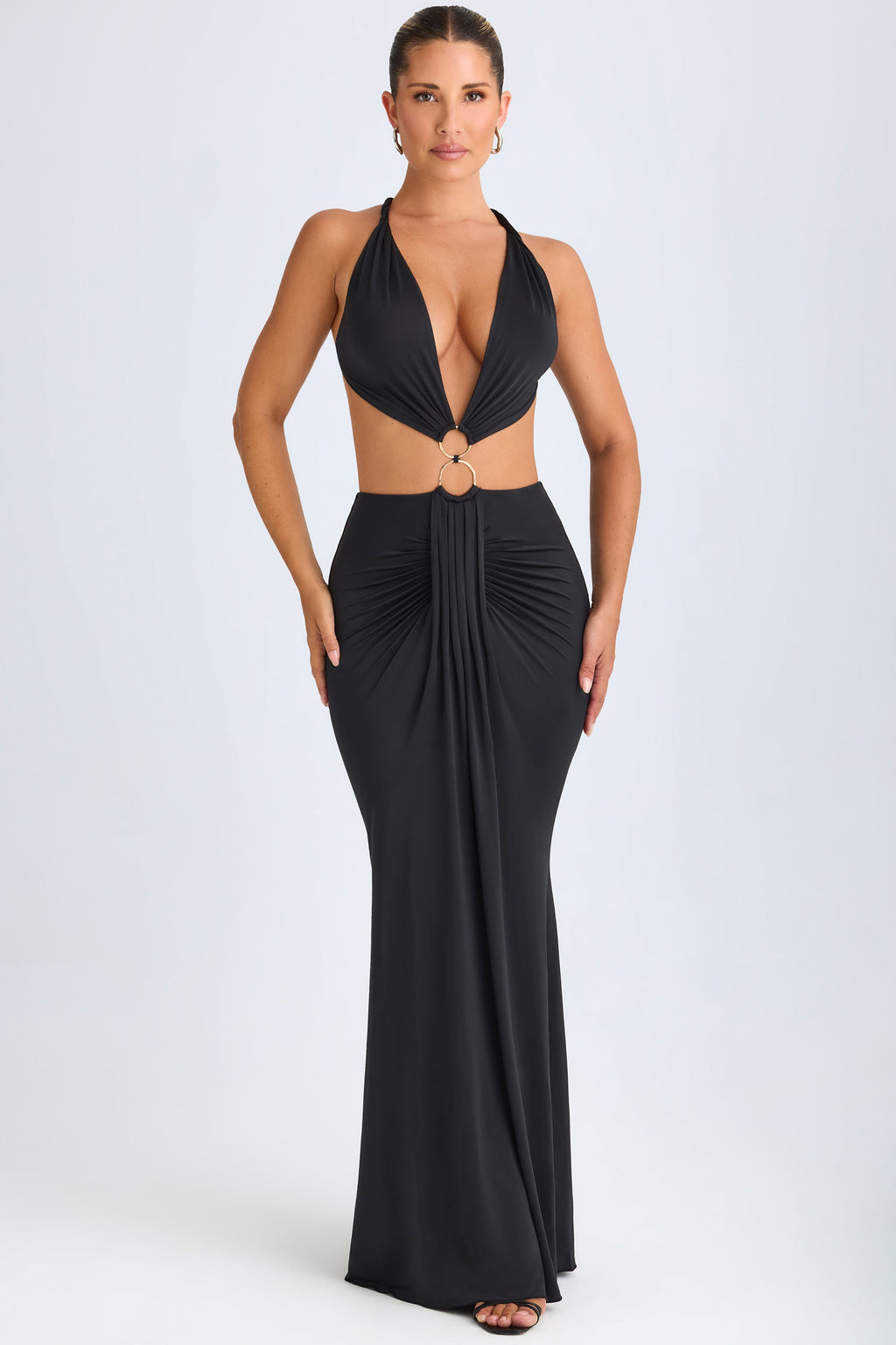 Chic Hardware Detail Cut-Out Halterneck Maxi Dress in Black