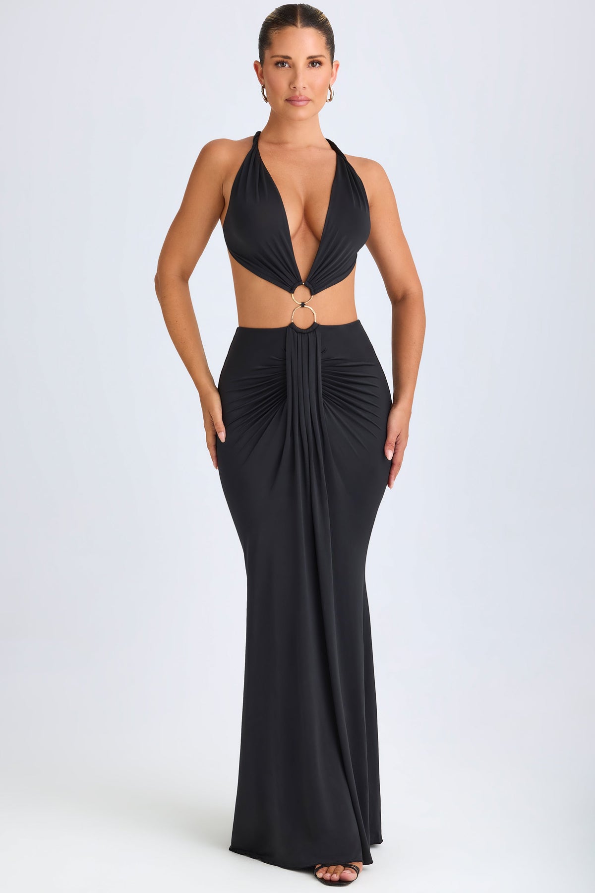 Chic Hardware Detail Cut-Out Halterneck Maxi Dress in Black