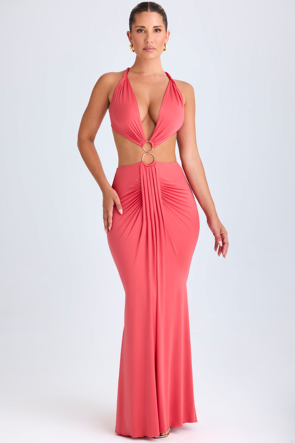 Chic Hardware Detail Cut-Out Halterneck Maxi Dress in Coral