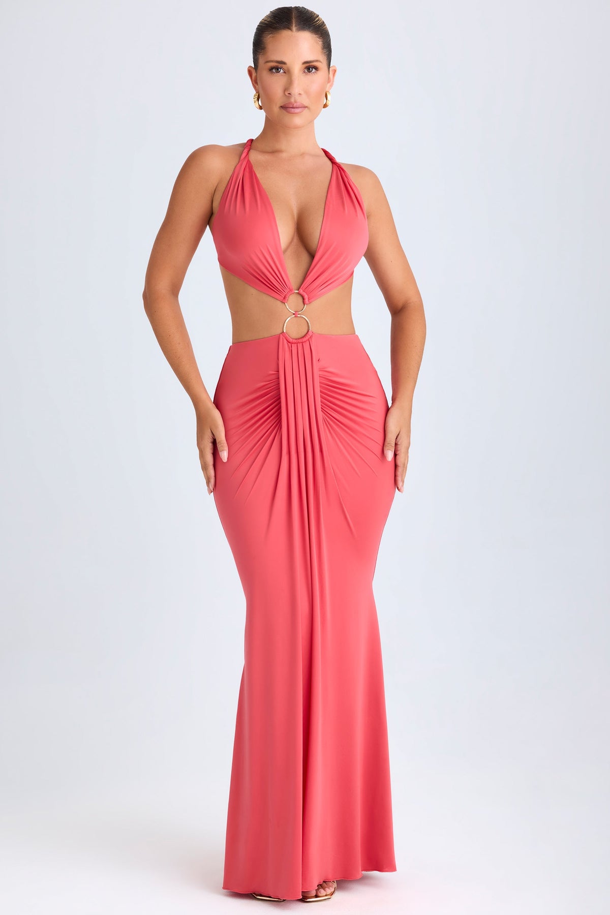 Chic Hardware Detail Cut-Out Halterneck Maxi Dress in Coral