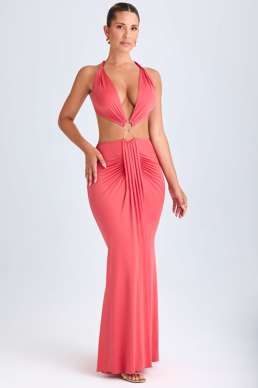 Chic Hardware Detail Cut-Out Halterneck Maxi Dress in Coral